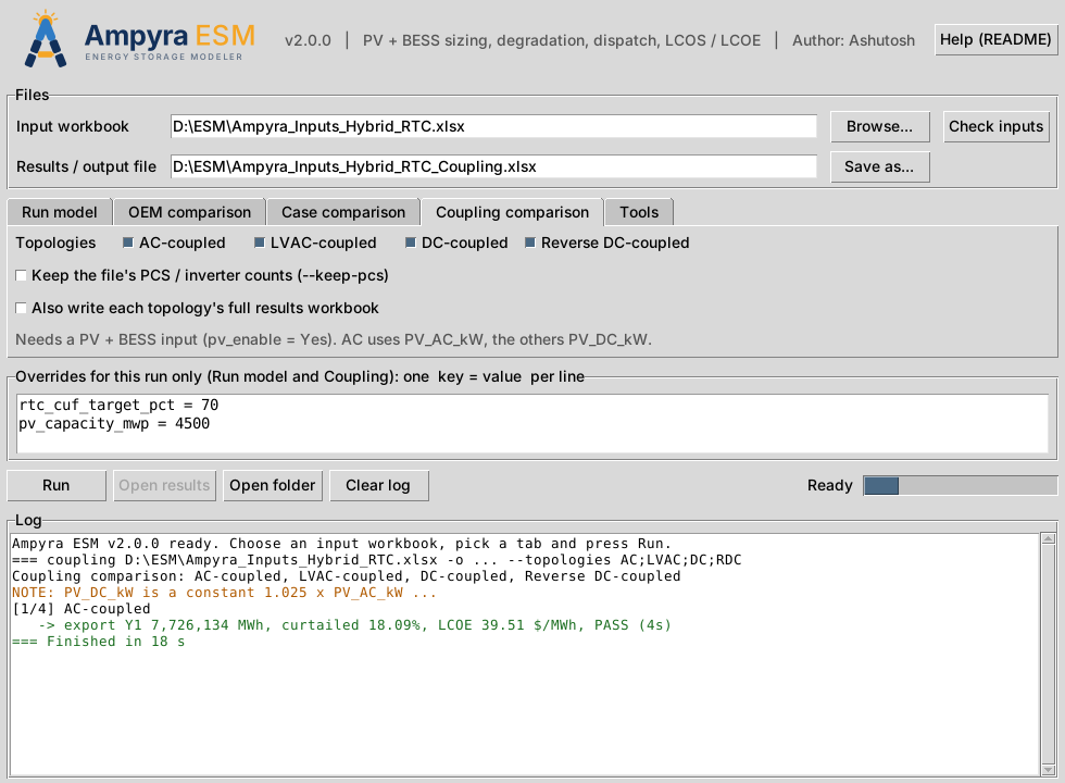 Ampyra ESM desktop app window showing the coupling comparison tab, overrides box and run log